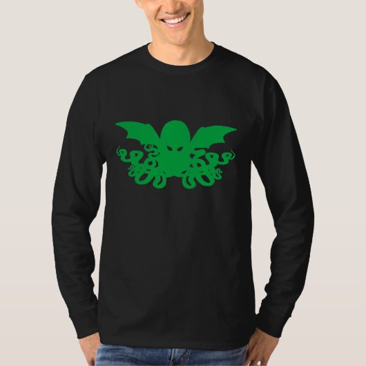 Long T-shirt de douille de Cthulhu - vert + Noir (Devant)