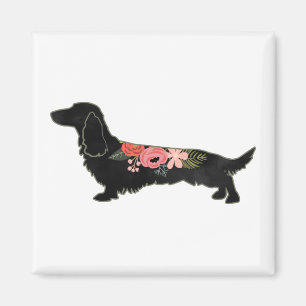Longhaire Dachshund Bohemian Floral Silhouette Magneet