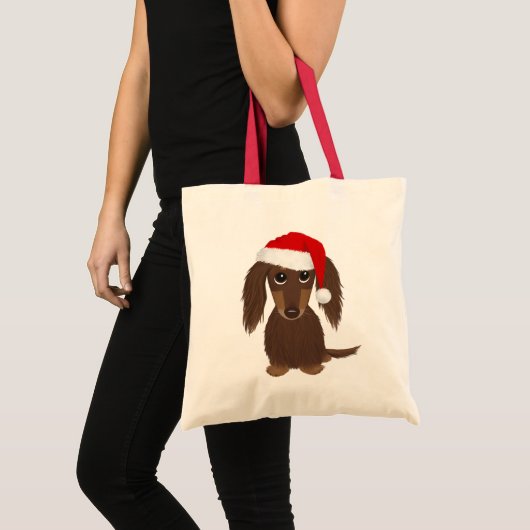 Longhaired Chocolade Dachshund Kerstmis Tote Bag (Voorkant (product))