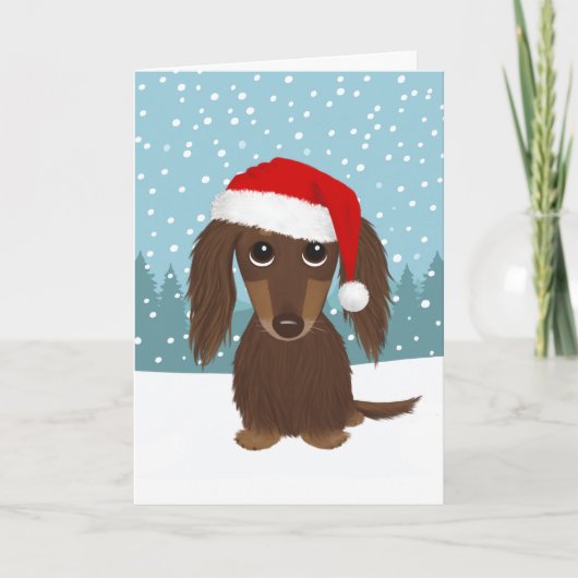 Longhaired Chocolate Dachshund Schattige Hondenker Feestdagen Kaart (Voorkant)