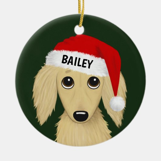Longhaired Cream Dachshund Santa Dog Custom Keramisch Ornament (Voorkant)