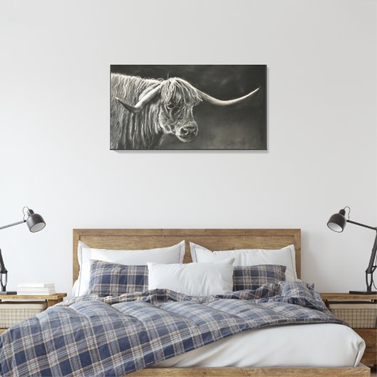 Longhorn Koe Charcoal Drawing Canvas Afdruk (Insitu (Slaapkamer))