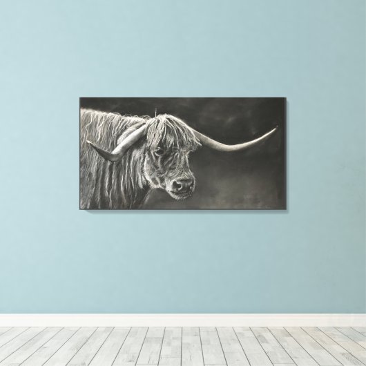 Longhorn Koe Charcoal Drawing Canvas Afdruk (Insitu (Houten vloer))