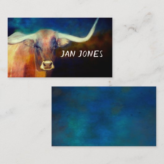 Longhorn koe kunst op blauw en bruin gebruik visitekaartje (Voorkant / Achterkant)
