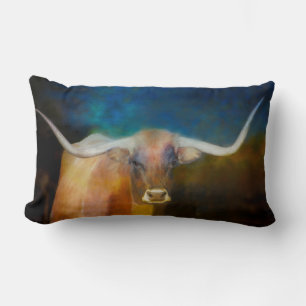 Longhorn Koe kunst op blauw en bruin Kussen