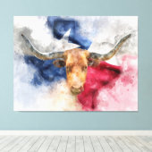 Longhorn koe met Texas Flag Map Waterverf Canvas Afdruk (Insitu (Houten vloer))