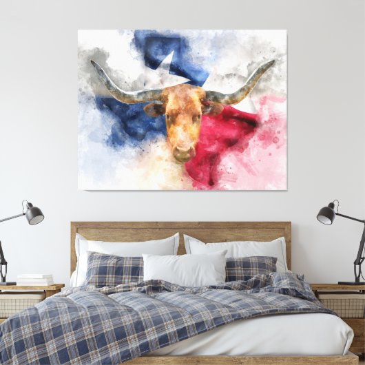 Longhorn koe met Texas Flag Map Waterverf Canvas Afdruk (Insitu (Slaapkamer))