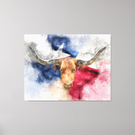 Longhorn koe met Texas Flag Map Waterverf Canvas Afdruk (Voorkant)