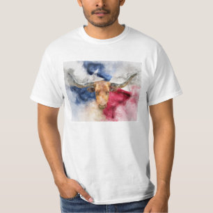 Longhorn koe met Texas Flag Map Waterverf T-shirt