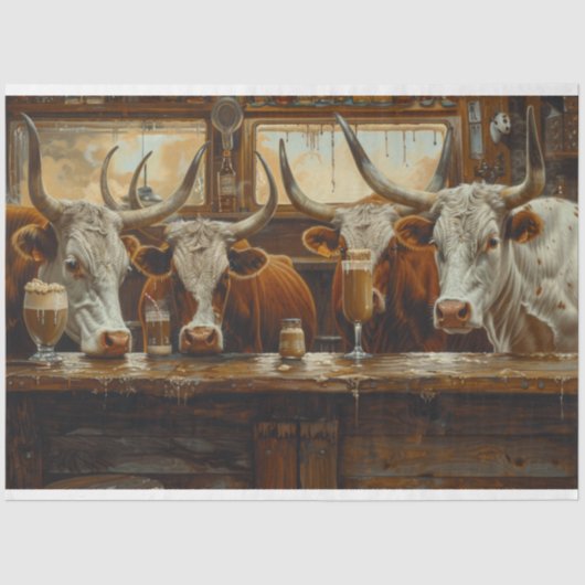 Longhorn Koeien bij de Westerne Dairy Bar Decoupag Tissuepapier (Voorkant)