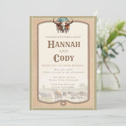 Longhorn Westerne bruiloft uitnodiging (Staand voorkant)