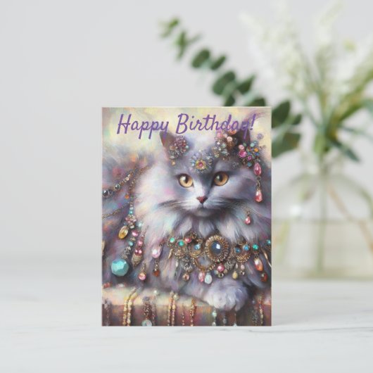 Longue Cheveux Gris Chat Bijoux Gemstones Carte d' (Debout devant)