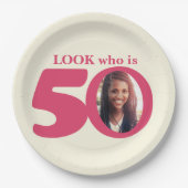 Look 50th birthday fotocrème roze papier bord (Voorkant)