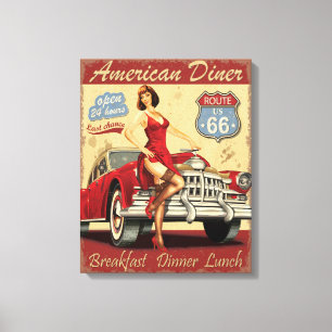  Look Amerikaans Diner Route 66 Babe Canvas Afdruk
