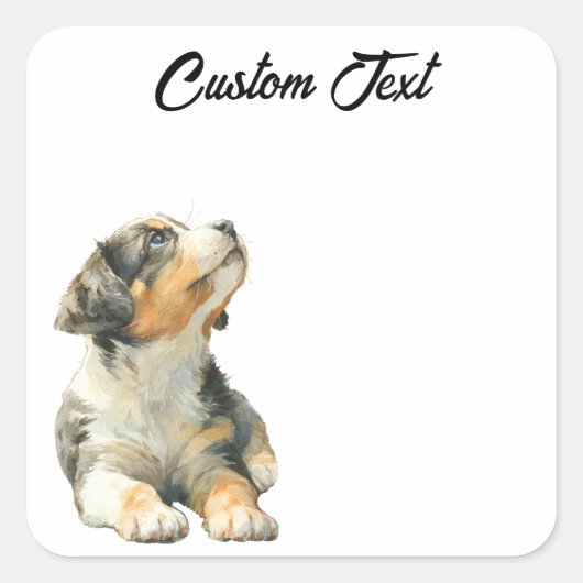 Looking Up Puppy | Personalized Custom Text Vierkante Sticker (Voorkant)