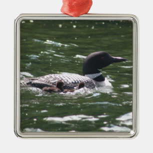 Loon met baby's 2 metalen ornament