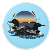 Loon paar zonsondergang blauw keramische knop (Voorkant)
