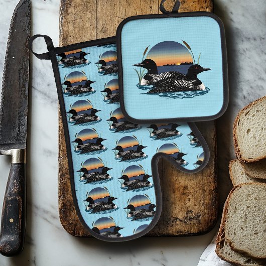 Loon paar zonsondergang blauw ovenwant & pannenlap set