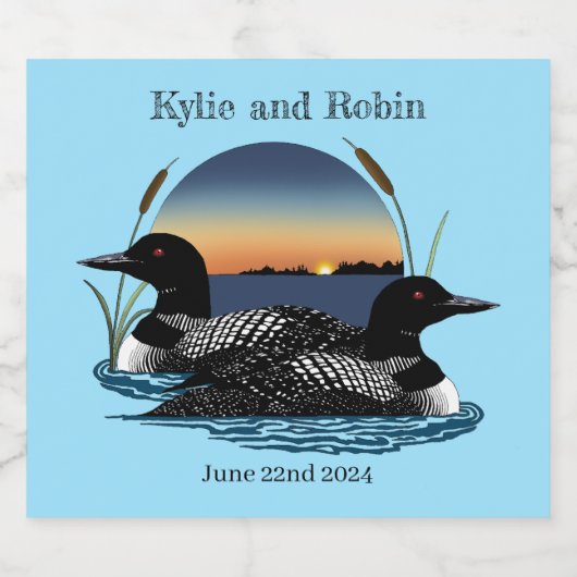 Loons Zonsondergang Blauw Bruiloft Bier Etiket (Enkel label)