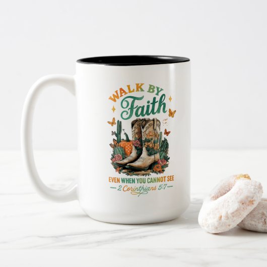 Loop door het geloof.... tweekleurige koffiemok (Met donut)