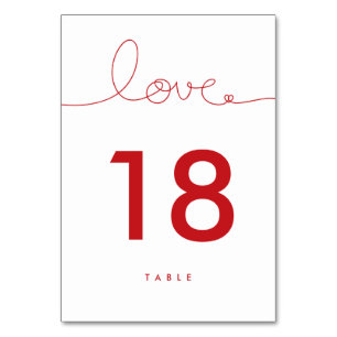 Loopy Love Red Heart Mariage Numéro de table Carte