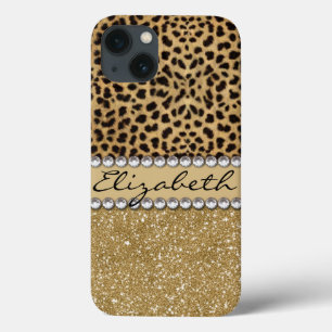Lopard Spot Gold Glitter Rhinestone PRINT iPhone 13 Hoesje