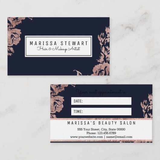 L'or rose fleurit la carte de rendez-vous de bleu (Devant / Derrière)