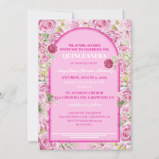 Lorale roze roze Quinceanera uitnodiging