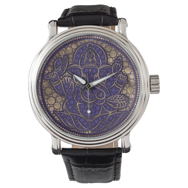 Lord Ganesha Dot Art Purples and Gold Horloge (Voorkant)