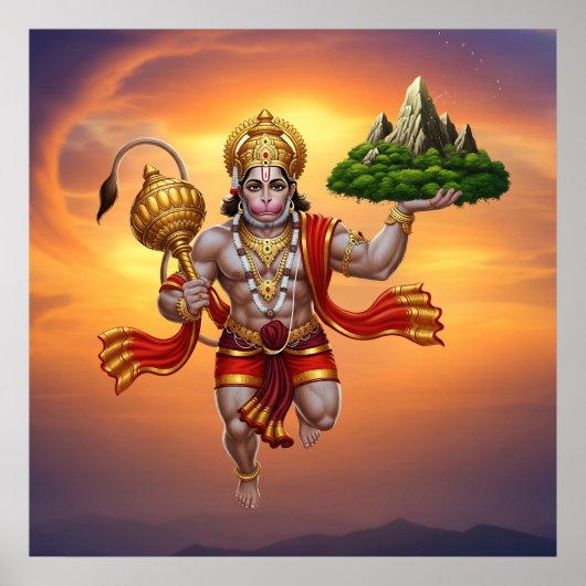 Lord Hanuman Flying Lifting Mountain Poster (Voorkant)