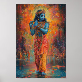 Lord Krishna speelt de fluit Oranje Blue Art Poster