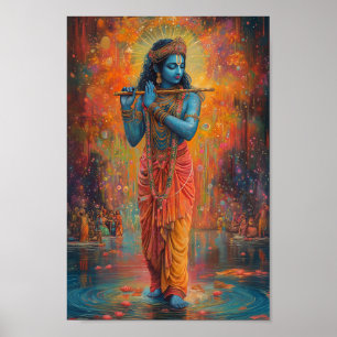 Lord Krishna speelt de fluit Oranje Blue Art Poster