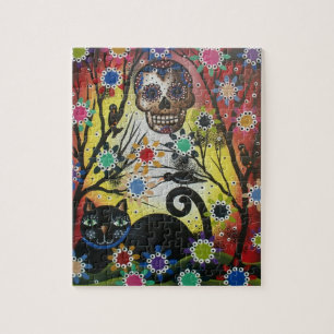 Lori Everett_ Day of the Dead, Cat, Skull, Puzzles Legpuzzel