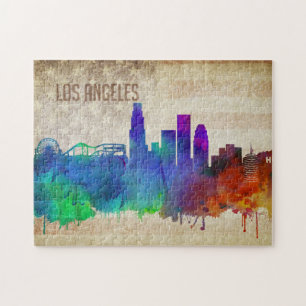 Los Angeles, CA   Waterverf City Skyline Legpuzzel