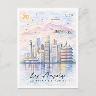 Los Angeles Skyline Watercolor | LA Travel Feestdagenkaart