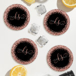 Lot De Dessous-de-verres Rose Gold Blush Pink Glitter Glam Monogram Name<br><div class="desc">Glam Rose Gold Glitter Elegant Monogram Coaster Set. Easily personalize this trendy chic coaster set design featuring elegant rose gold sparkling glitter on a black background. The design features your handwritten script monogram with pretty swirls and your name.</div>