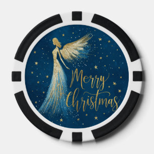 Lot De Jeton De Poker Ange de Noël doré sur fond bleu marine étoilé