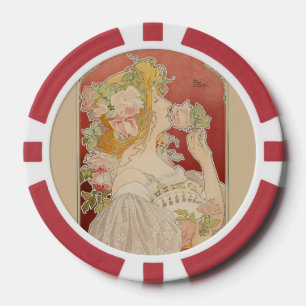 Lot De Jeton De Poker Art Nouveau Belle Époque Dame Roses Livemont