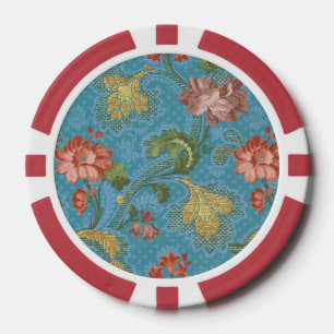 Lot De Jeton De Poker Broderie dorée à motif floral en damas bleu antiqu