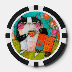 Lot De Jeton De Poker Chat grincheux buvant du café dans un fauteuil