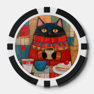 Lot De Jeton De Poker Chat noir confortable buvant du café au café