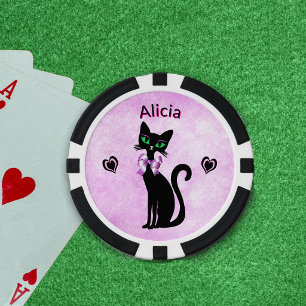 Lot De Jeton De Poker Chat Noir Élégant Grand Nœud Cœurs Rose Noir