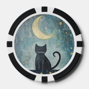 Lot De Jeton De Poker Chat noir endormi avec croissant de lune et étoile