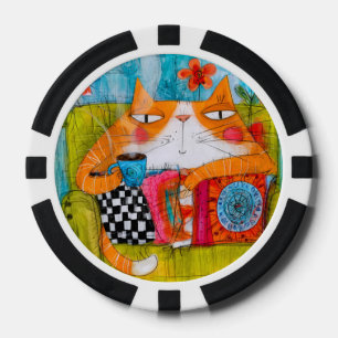 Lot De Jeton De Poker Chat roux fantaisiste avec tasse de thé