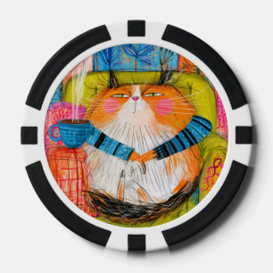 Lot De Jeton De Poker Chat tigré orange suffisant buvant du café