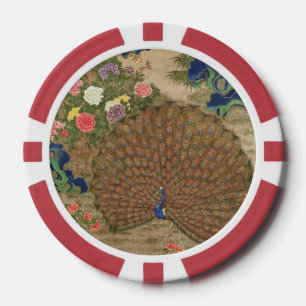 Lot De Jeton De Poker Chinoiserie Paon Bleu avec Jardin de Fleurs Exotiq