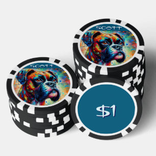 Lot De Jeton De Poker Coloré Pop Art Boxer Chien Personnalisé Turquoise
