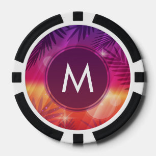 Lot De Jeton De Poker Coucher de soleil d'été Palmiers Monogramme violet