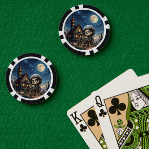 Lot De Jeton De Poker Crâne Mignon Motard Balade au Clair de Lune à Tr