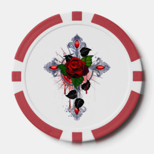Lot De Jeton De Poker Croix d'argent avec une rose rouge